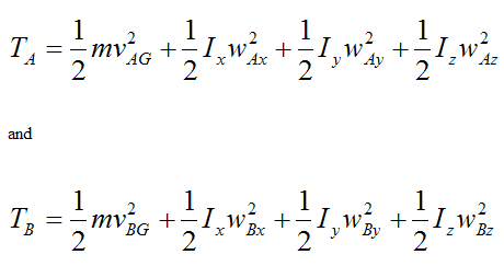 General kinetic energy equations at A and B for rigid body for conservation of energy