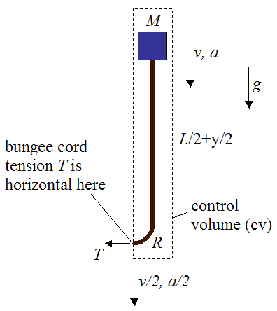 control volume for impulse and momentum analysis of bungee jumper and cord