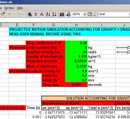 screen capture of excel spreadsheet for projectile motion simulator