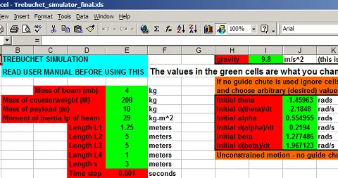 screen capture of excel spreadsheet for trebuchet simulator